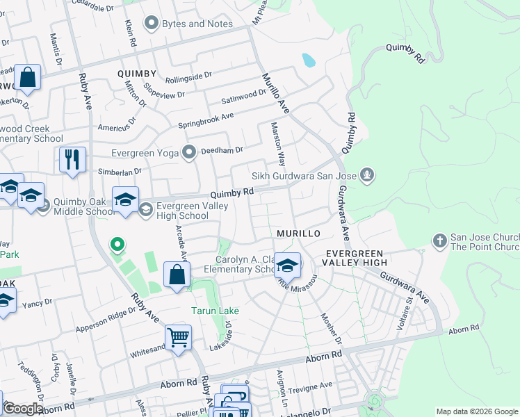 map of restaurants, bars, coffee shops, grocery stores, and more near 3424 Maroun Place in San Jose