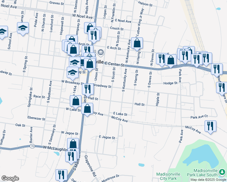map of restaurants, bars, coffee shops, grocery stores, and more near 218 South Scott Street in Madisonville