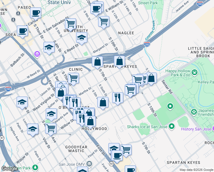 map of restaurants, bars, coffee shops, grocery stores, and more near 937 South 7th Street in San Jose