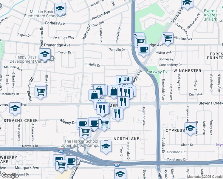 map of restaurants, bars, coffee shops, grocery stores, and more near 2650 Keystone Avenue in Santa Clara