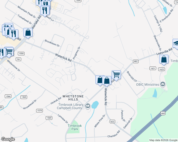 map of restaurants, bars, coffee shops, grocery stores, and more near 2542 Waterlick Road in Lynchburg