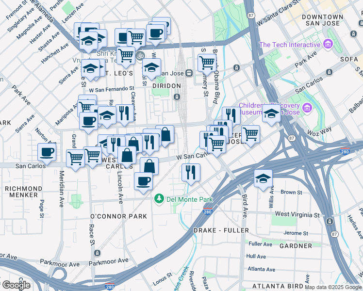 map of restaurants, bars, coffee shops, grocery stores, and more near 277 Dupont Street in San Jose