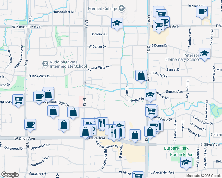 map of restaurants, bars, coffee shops, grocery stores, and more near 3338 Mills Court in Merced