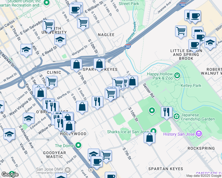 map of restaurants, bars, coffee shops, grocery stores, and more near 1028 South 9th Street in San Jose