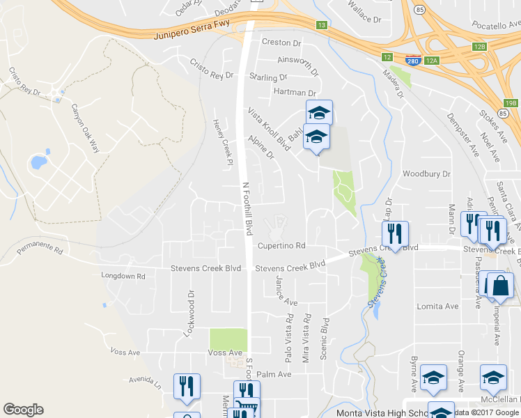 map of restaurants, bars, coffee shops, grocery stores, and more near 22448 Salem Avenue in Cupertino