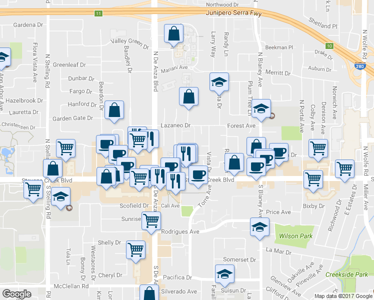 map of restaurants, bars, coffee shops, grocery stores, and more near 10182 Parish Place in Cupertino