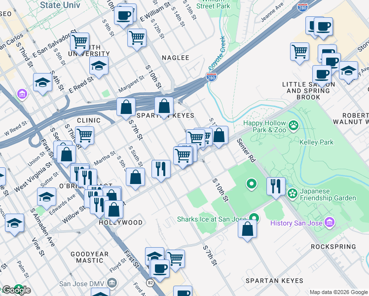 map of restaurants, bars, coffee shops, grocery stores, and more near 1028 South 9th Street in San Jose