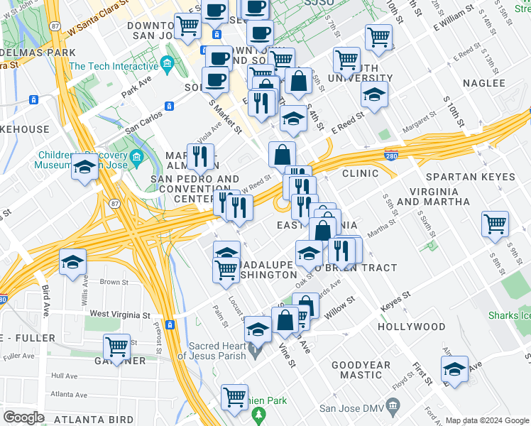 map of restaurants, bars, coffee shops, grocery stores, and more near 109 Duane Street in San Jose