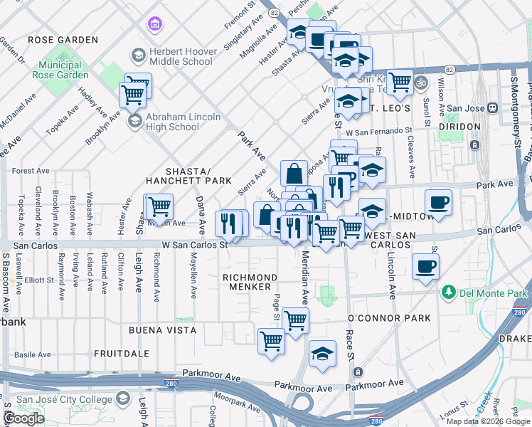 map of restaurants, bars, coffee shops, grocery stores, and more near 70 Muller Place in San Jose
