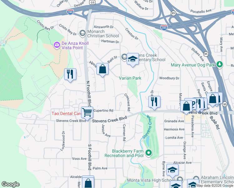 map of restaurants, bars, coffee shops, grocery stores, and more near 10131 Hillcrest Road in Cupertino