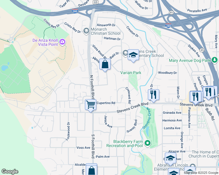 map of restaurants, bars, coffee shops, grocery stores, and more near 10131 Hillcrest Road in Cupertino