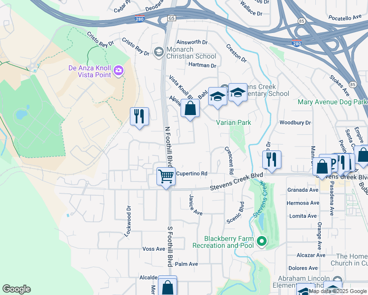 map of restaurants, bars, coffee shops, grocery stores, and more near 22406 Salem Avenue in Cupertino