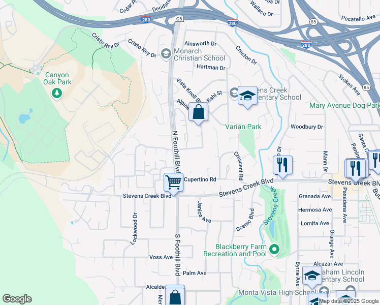 map of restaurants, bars, coffee shops, grocery stores, and more near 22406 Salem Avenue in Cupertino