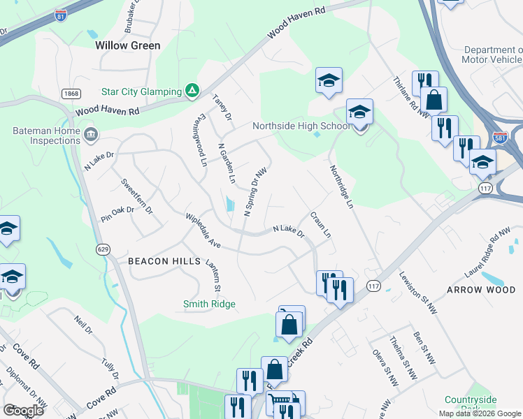map of restaurants, bars, coffee shops, grocery stores, and more near 5121 N Spring Drive Northwest in Roanoke