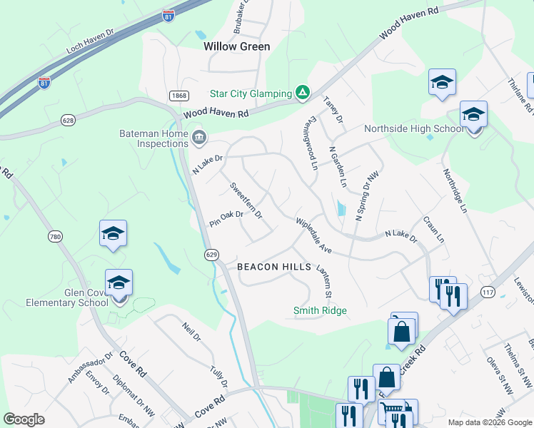 map of restaurants, bars, coffee shops, grocery stores, and more near 5416 Sweetfern Drive in Roanoke