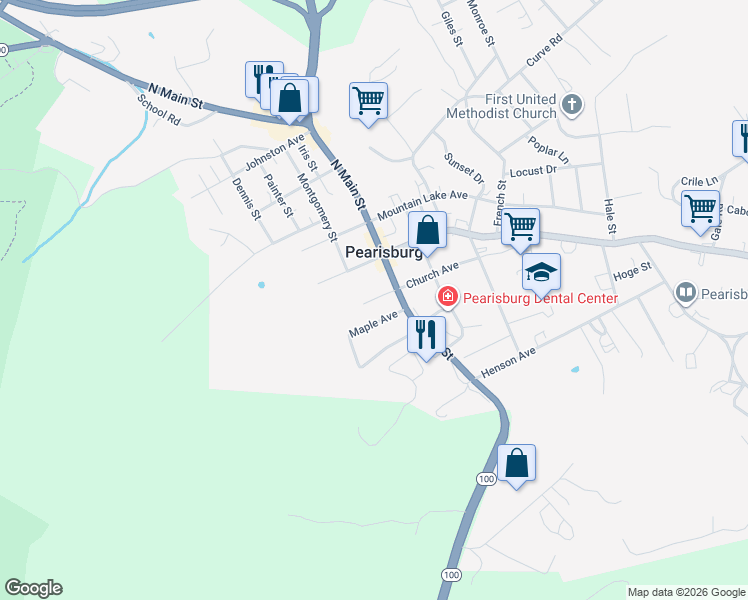 map of restaurants, bars, coffee shops, grocery stores, and more near 408 Church Avenue in Pearisburg