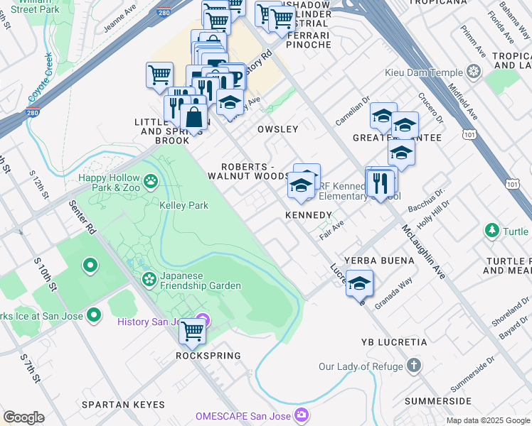 map of restaurants, bars, coffee shops, grocery stores, and more near 852 Vintage Way in San Jose