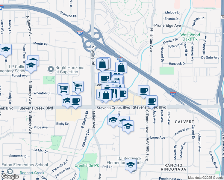 map of restaurants, bars, coffee shops, grocery stores, and more near 19800 Vallco Parkway in Cupertino