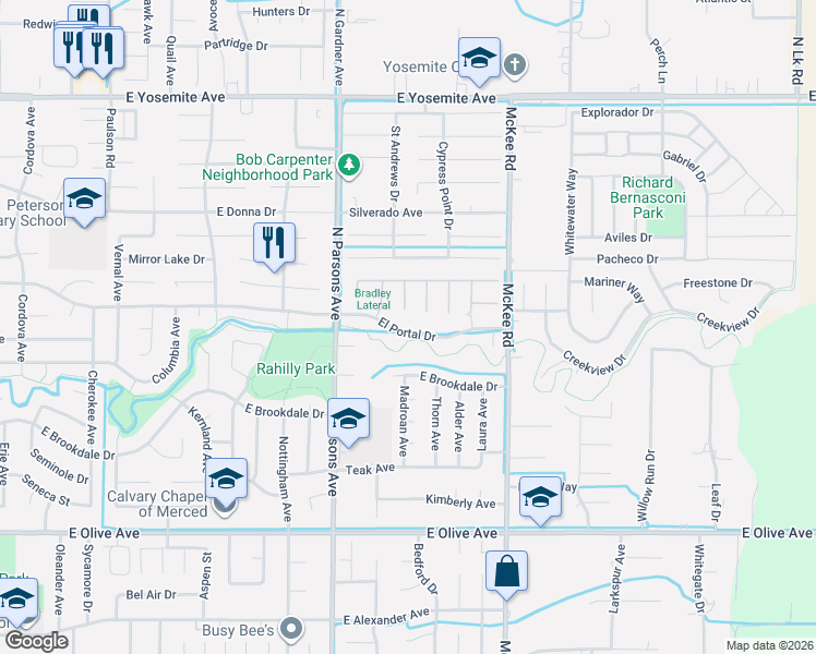 map of restaurants, bars, coffee shops, grocery stores, and more near 1942 El Portal Drive in Merced