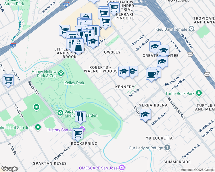 map of restaurants, bars, coffee shops, grocery stores, and more near 852 Vintage Way in San Jose