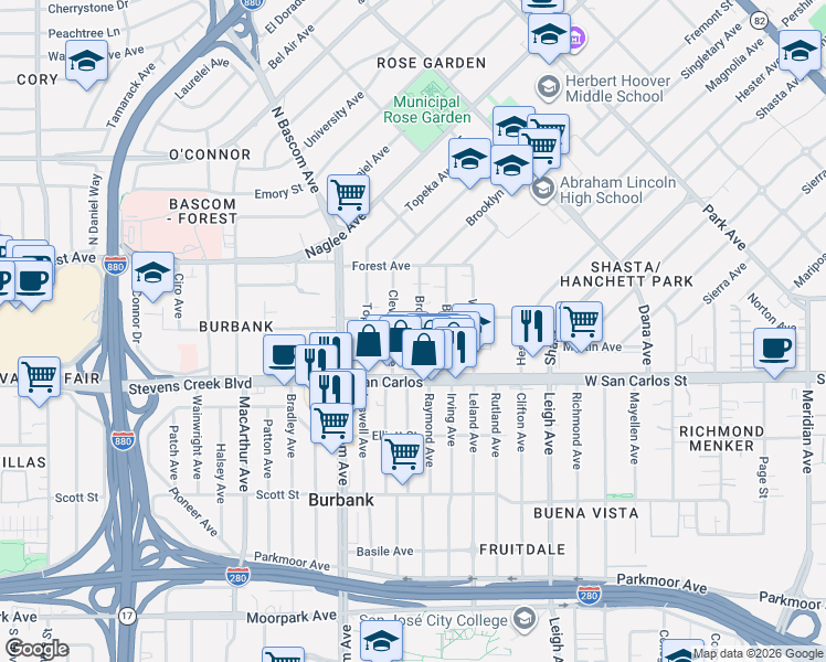 map of restaurants, bars, coffee shops, grocery stores, and more near 53 Brooklyn Avenue in San Jose