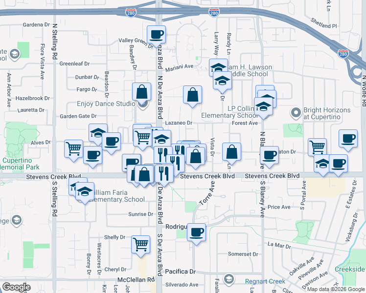 map of restaurants, bars, coffee shops, grocery stores, and more near 10182 Parish Place in Cupertino