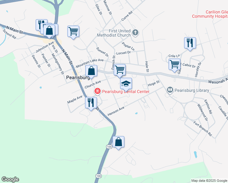 map of restaurants, bars, coffee shops, grocery stores, and more near 307 South Woodrum Street in Pearisburg