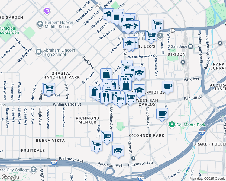 map of restaurants, bars, coffee shops, grocery stores, and more near 245 Meridian Avenue in San Jose