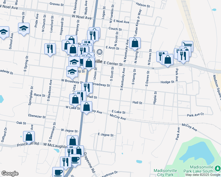 map of restaurants, bars, coffee shops, grocery stores, and more near 218 South Scott Street in Madisonville