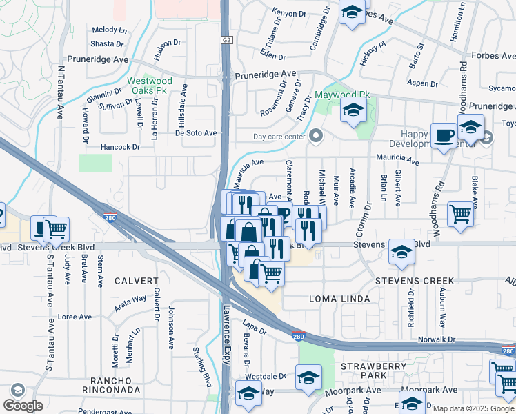 map of restaurants, bars, coffee shops, grocery stores, and more near 3524 Bennett Avenue in Santa Clara