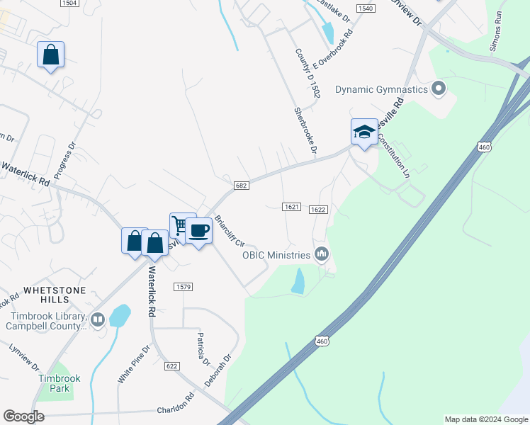 map of restaurants, bars, coffee shops, grocery stores, and more near 174 Lee Place in Lynchburg