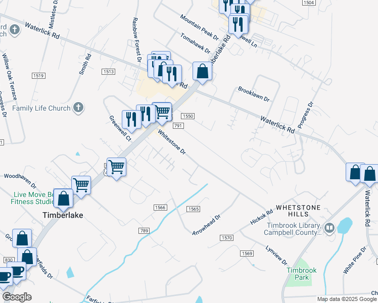 map of restaurants, bars, coffee shops, grocery stores, and more near 775 Whitestone Drive in Lynchburg
