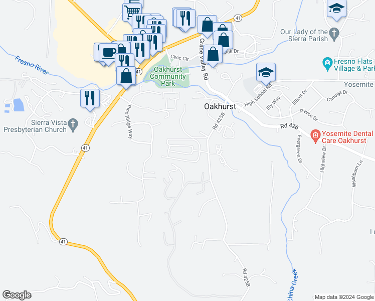 map of restaurants, bars, coffee shops, grocery stores, and more near 39678 Road 425B in Oakhurst
