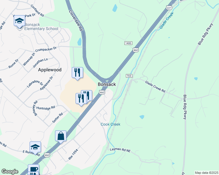 map of restaurants, bars, coffee shops, grocery stores, and more near 4649 Cook Creek Road in Roanoke