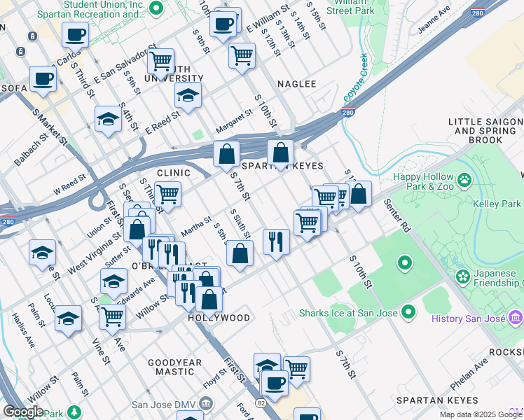 map of restaurants, bars, coffee shops, grocery stores, and more near 975 South 7th Street in San Jose