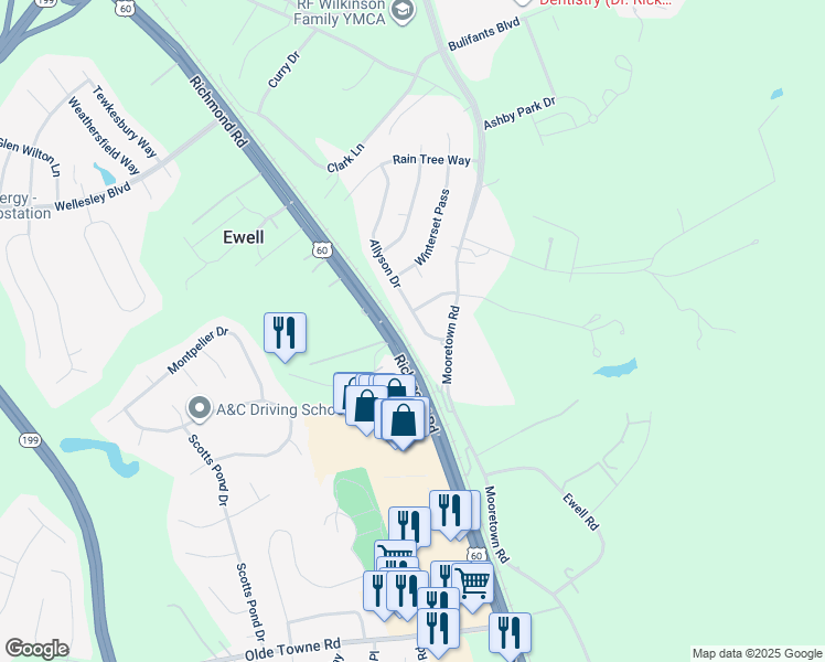 map of restaurants, bars, coffee shops, grocery stores, and more near 106 Allyson Drive in Williamsburg