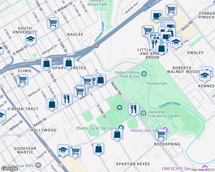 map of restaurants, bars, coffee shops, grocery stores, and more near 557 Spartan Court in San Jose