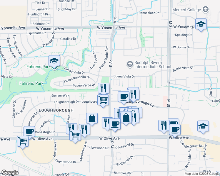 map of restaurants, bars, coffee shops, grocery stores, and more near Rascal Bike Path in Merced