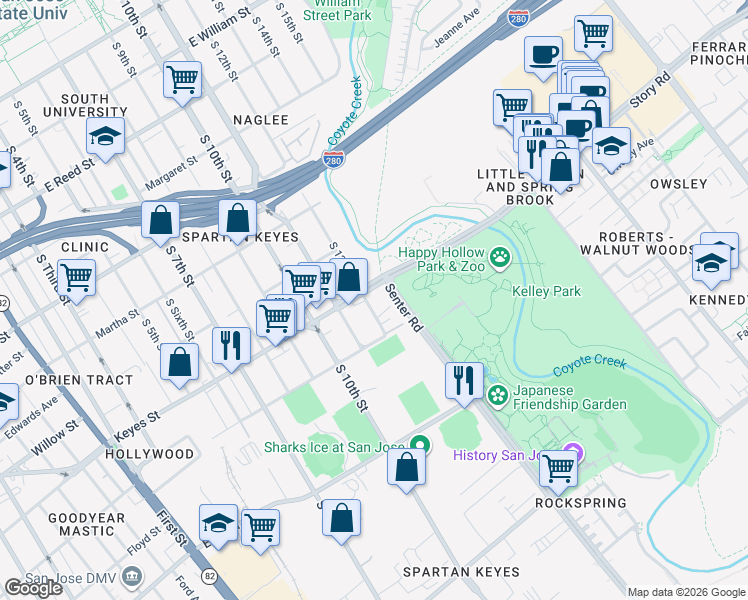 map of restaurants, bars, coffee shops, grocery stores, and more near 570 Keyes Street in San Jose