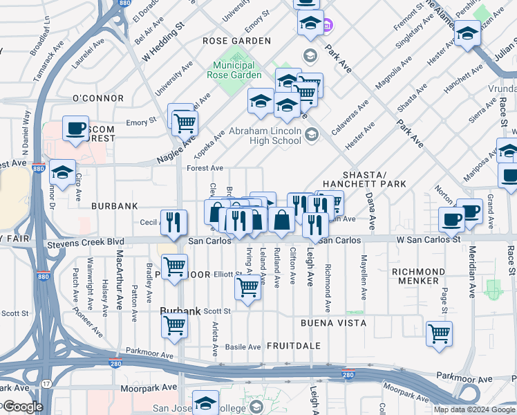 map of restaurants, bars, coffee shops, grocery stores, and more near 30 Boston Avenue in San Jose