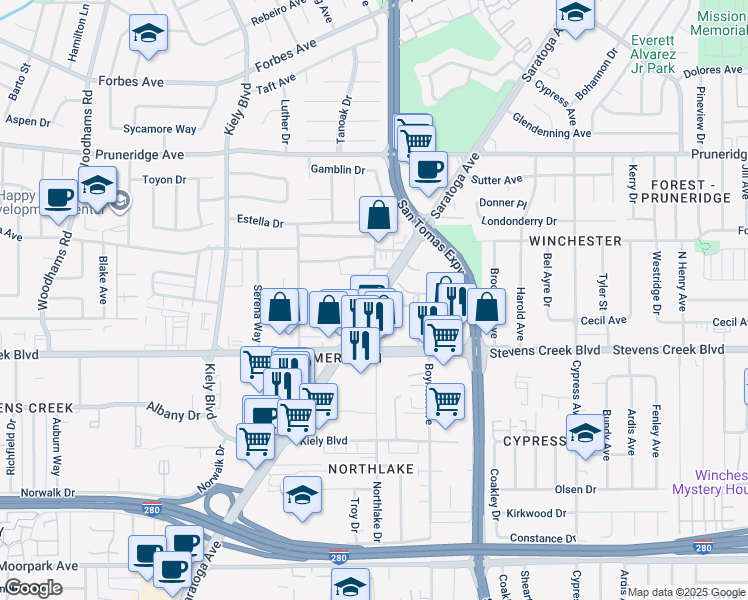 map of restaurants, bars, coffee shops, grocery stores, and more near 2566-2580 Keystone Avenue in Santa Clara