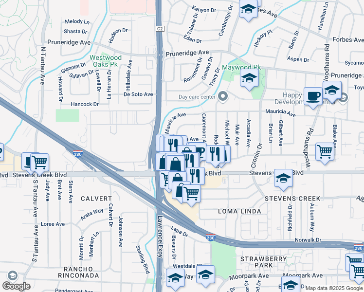 map of restaurants, bars, coffee shops, grocery stores, and more near 3524 Bennett Avenue in Santa Clara