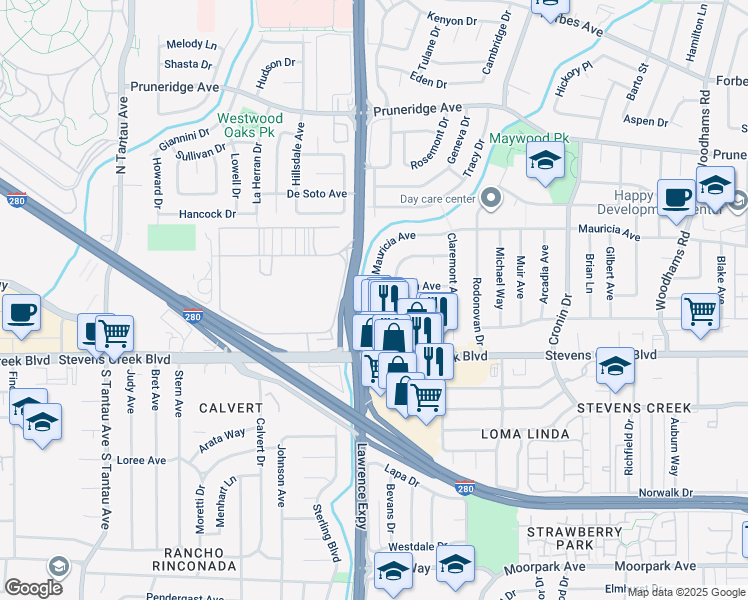 map of restaurants, bars, coffee shops, grocery stores, and more near 3592 Mauricia Avenue in Santa Clara
