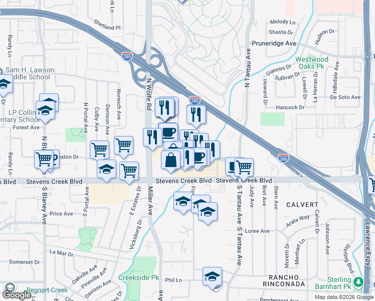 map of restaurants, bars, coffee shops, grocery stores, and more near 19800 Vallco Parkway in Cupertino