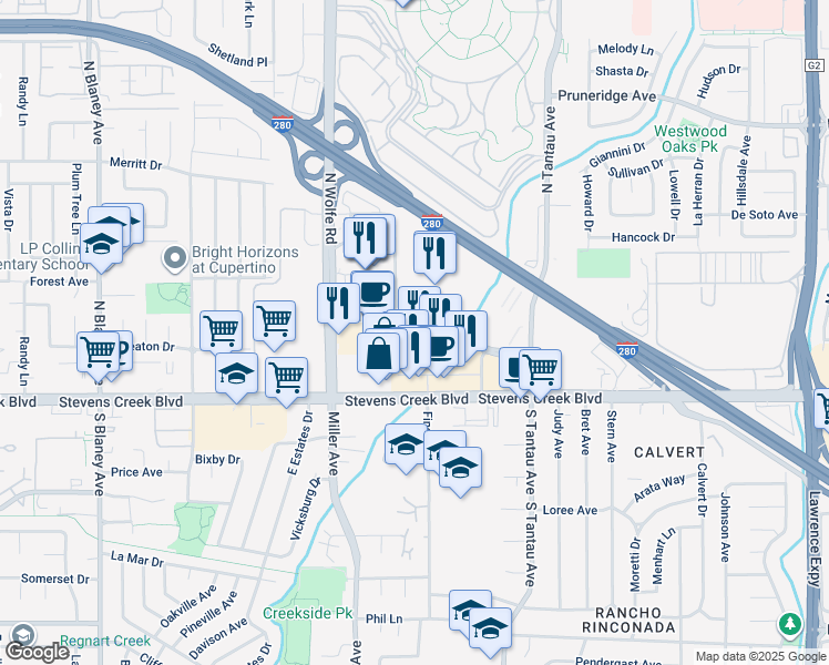 map of restaurants, bars, coffee shops, grocery stores, and more near 19550 Vallco Parkway in Cupertino
