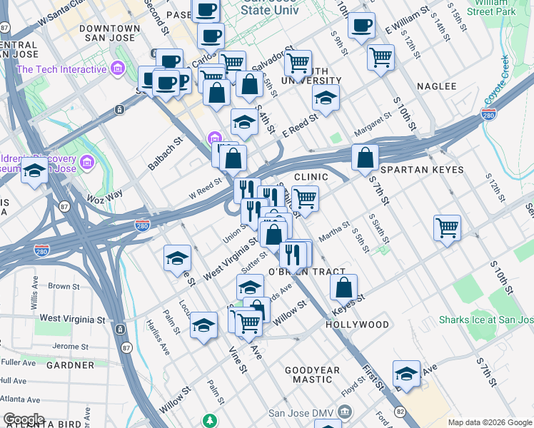 map of restaurants, bars, coffee shops, grocery stores, and more near 767 South Second Street in San Jose