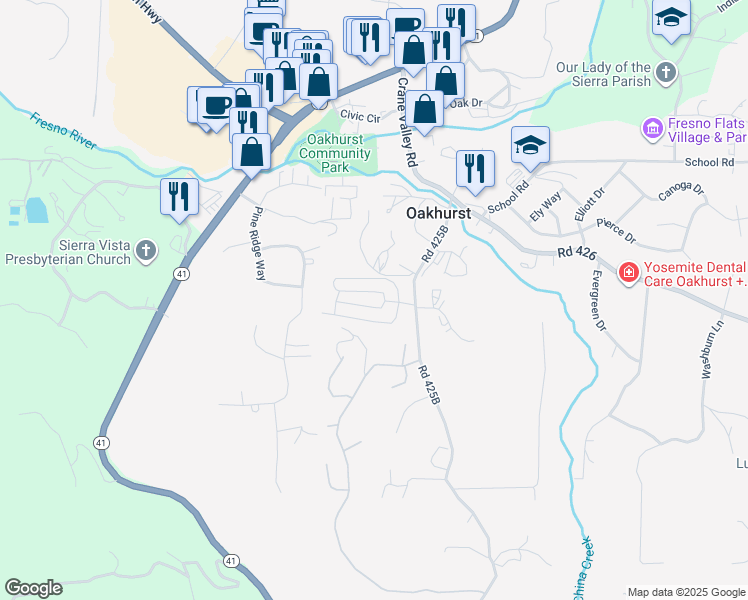 map of restaurants, bars, coffee shops, grocery stores, and more near 39678 Road 425B in Oakhurst
