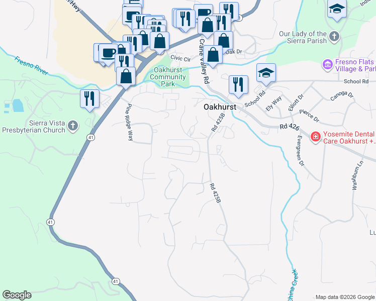 map of restaurants, bars, coffee shops, grocery stores, and more near 39678 Road 425B in Oakhurst