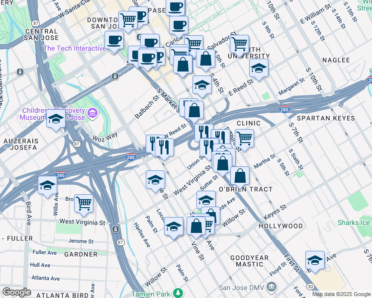 map of restaurants, bars, coffee shops, grocery stores, and more near 109 Duane Street in San Jose