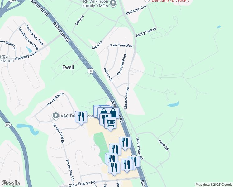 map of restaurants, bars, coffee shops, grocery stores, and more near 106 Allyson Drive in Williamsburg